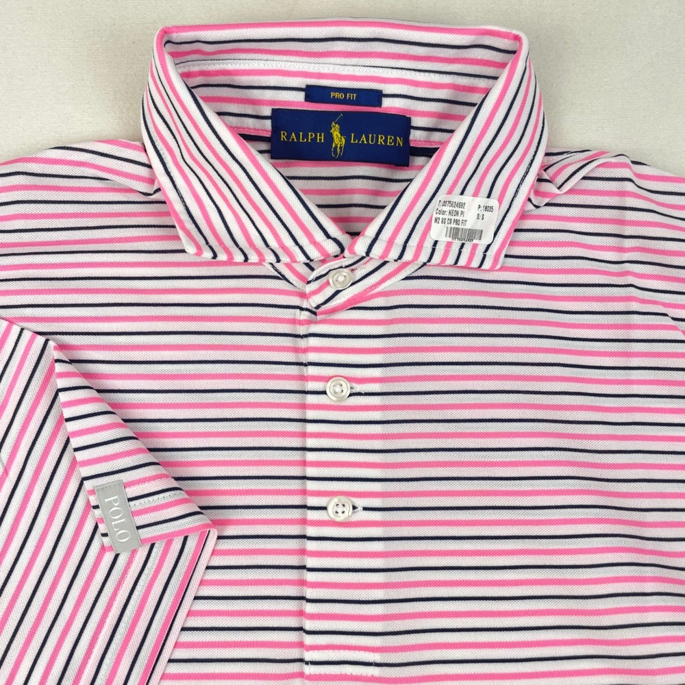 Ralph Lauren Pro Fit Mens Polo Shirt Pink Navy Blue Striped Small S NWOT